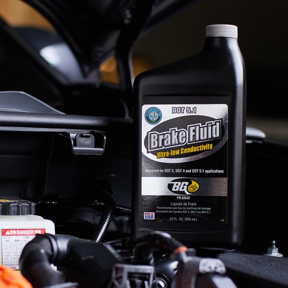 BG DOT 5.1 brake fluid bottle — ultra-low conductivity formula