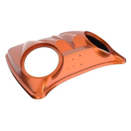 Advanblack color match saddlebag lid in orange — pre-cut for subwoofer install