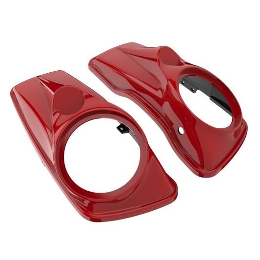Advanblack color match saddlebag lids in red — pre-cut for subwoofer install